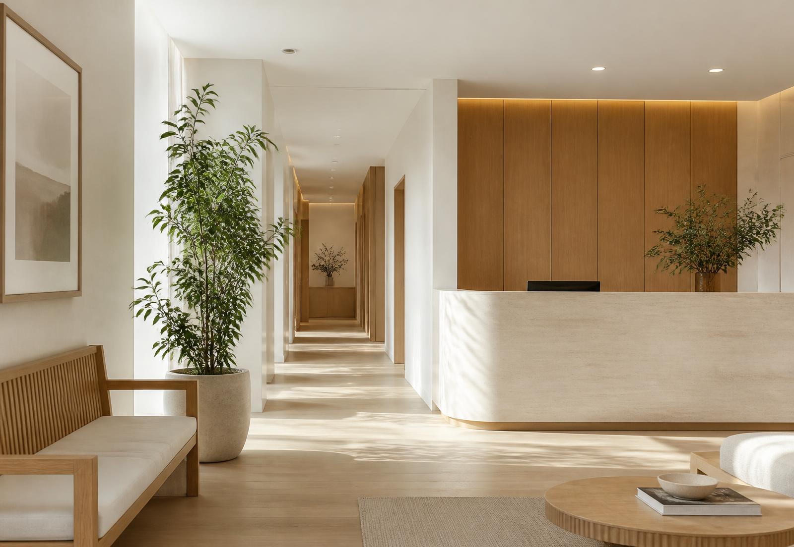Receção e sala de espera da clínica, com luz natural